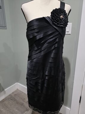 Aspeed Formal Evening Gown – Black 3D Origami Flower, Draped and Ruched.